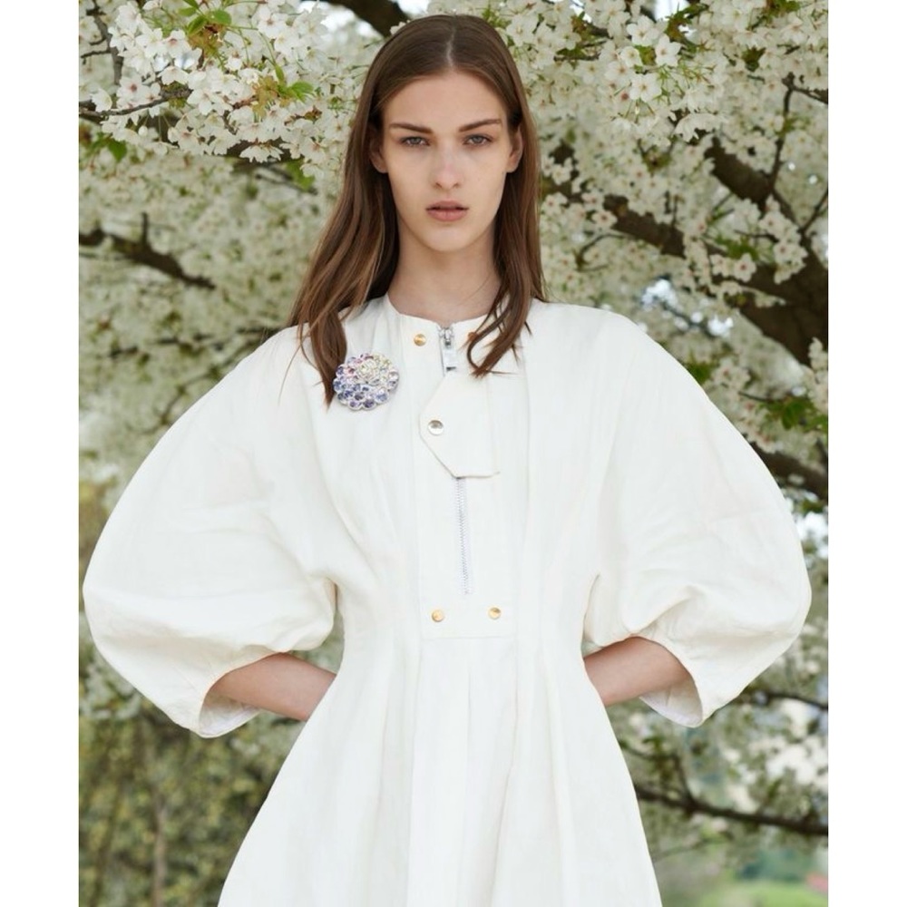 CÉLINE OFF WHITE LINEN DRESS WITH PUFF SLEEVES SIZE 42 BY PHOEBE PHILO